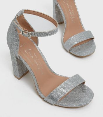 Wide Fit Silver Glitter 2 Part Block Heel Sandals New Look Vegan