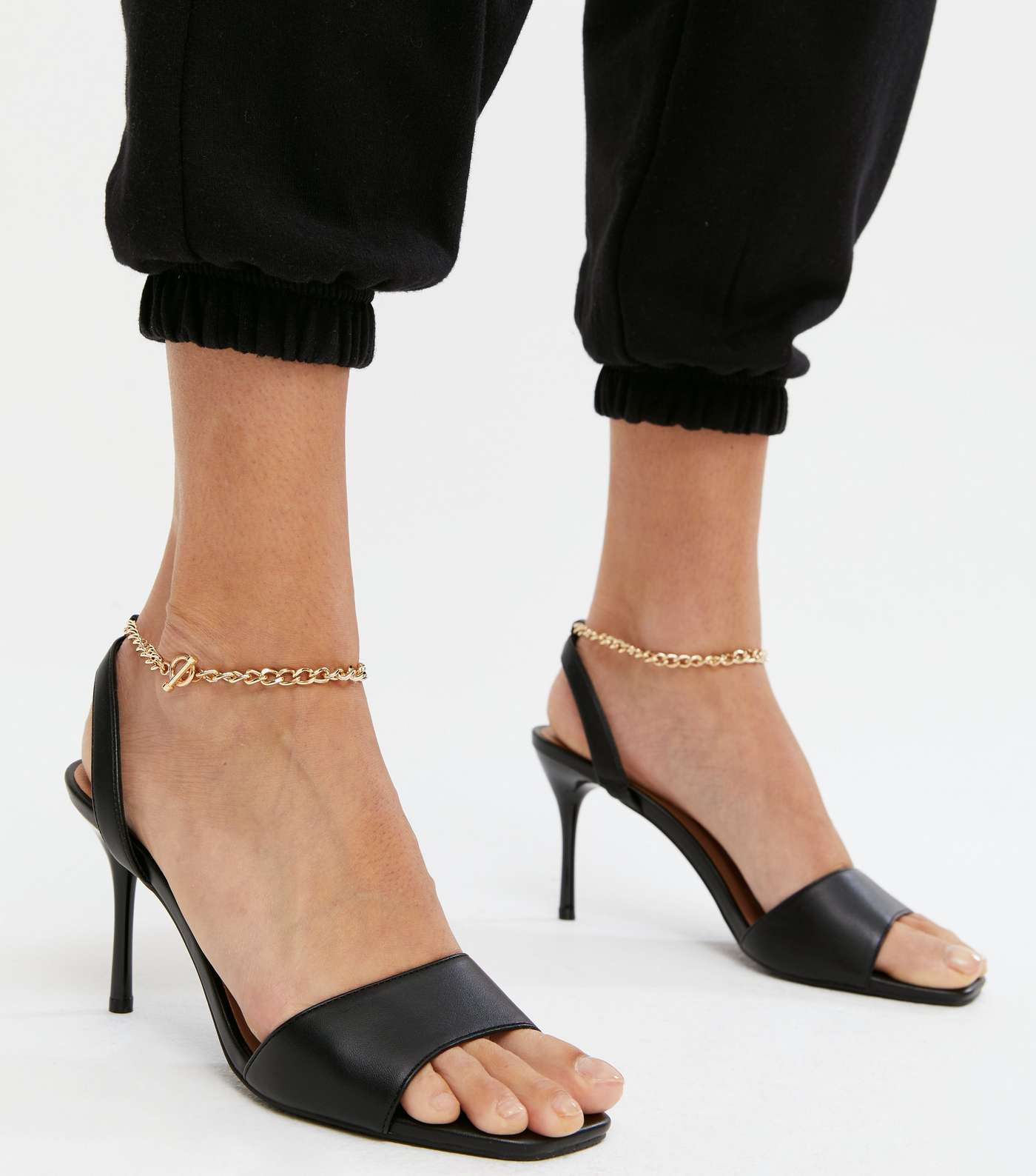 Black Chain Ankle Strap Stiletto Heel Sandals Image 2