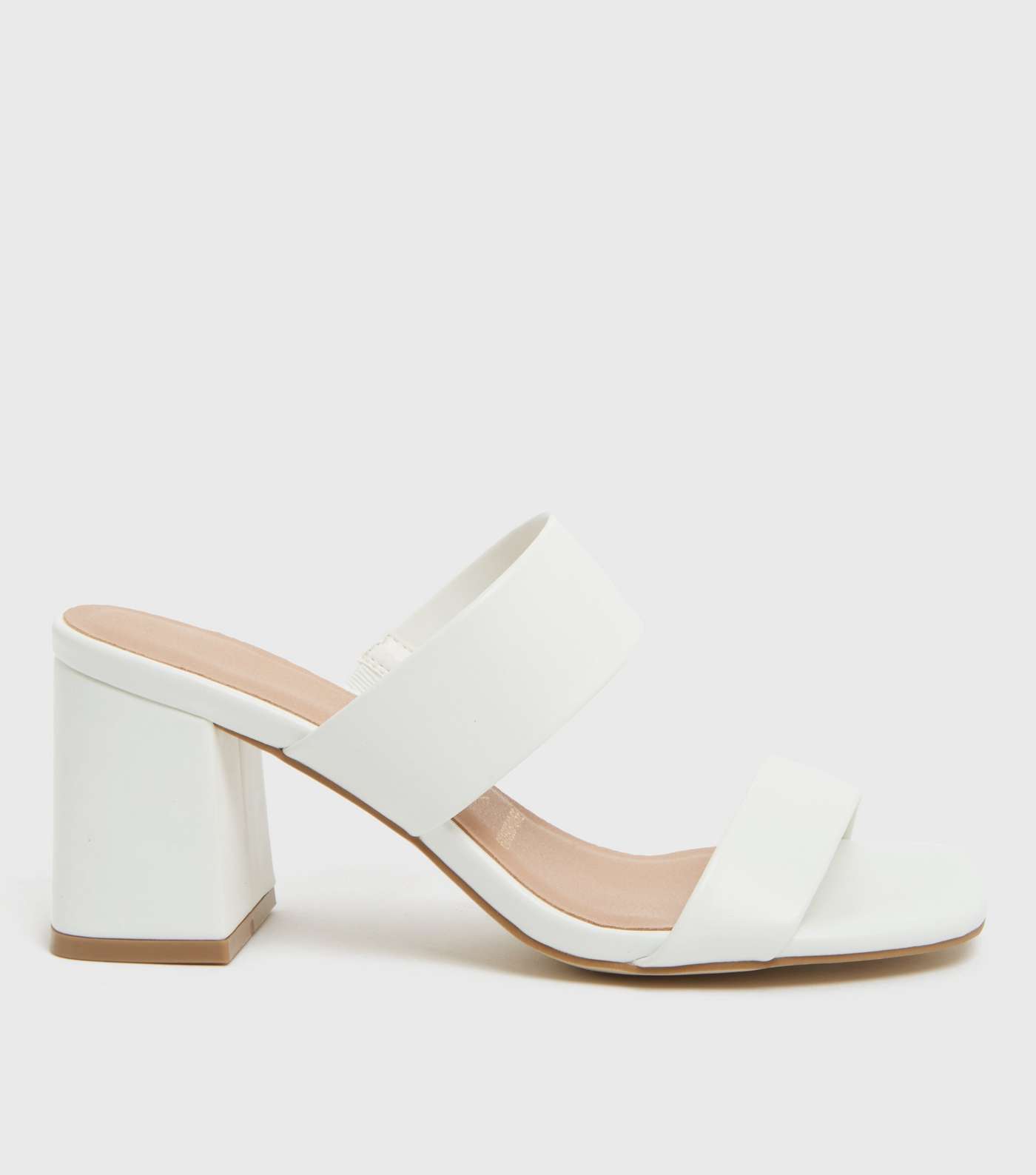 Wide Fit White Double Strap Block Heel Mules