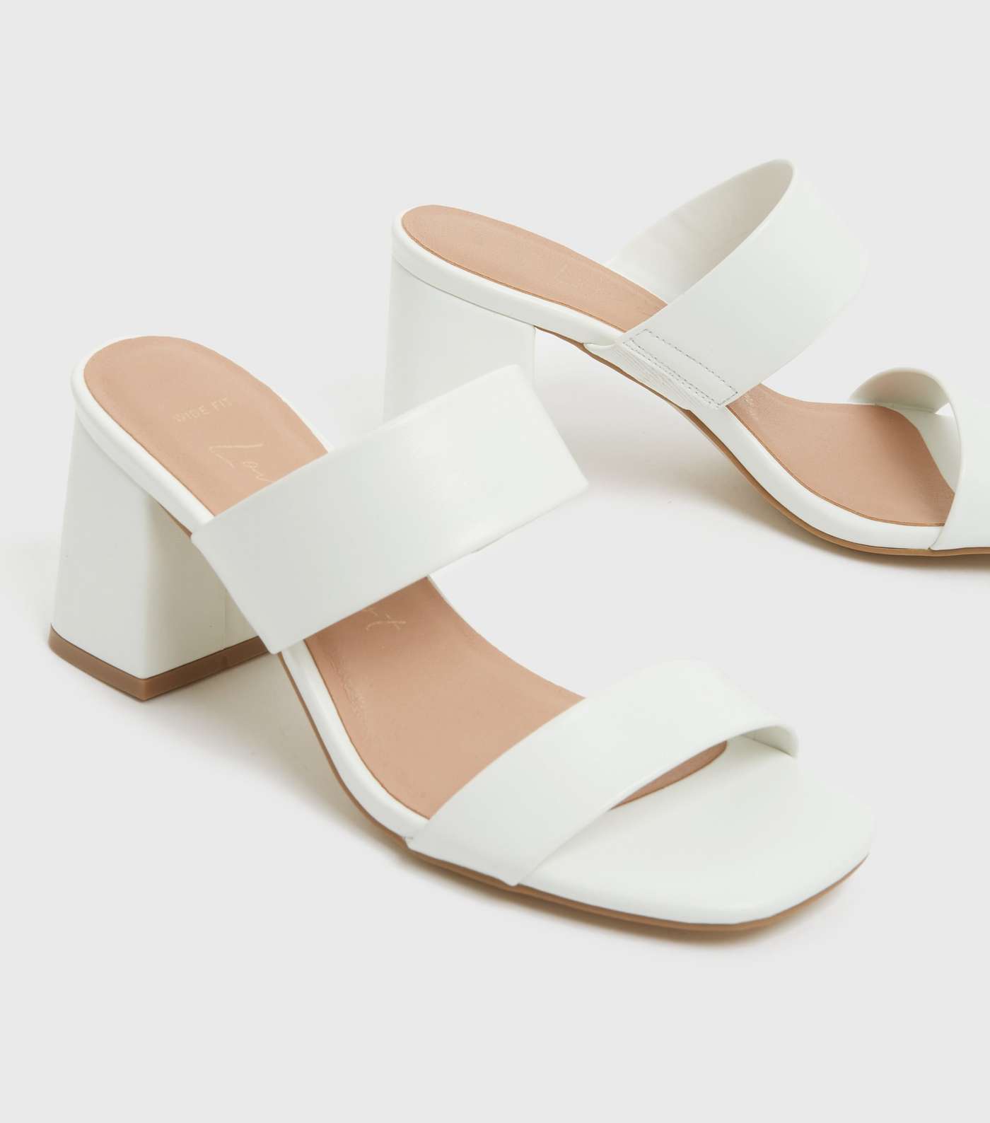 Wide Fit White Double Strap Block Heel Mules Image 3