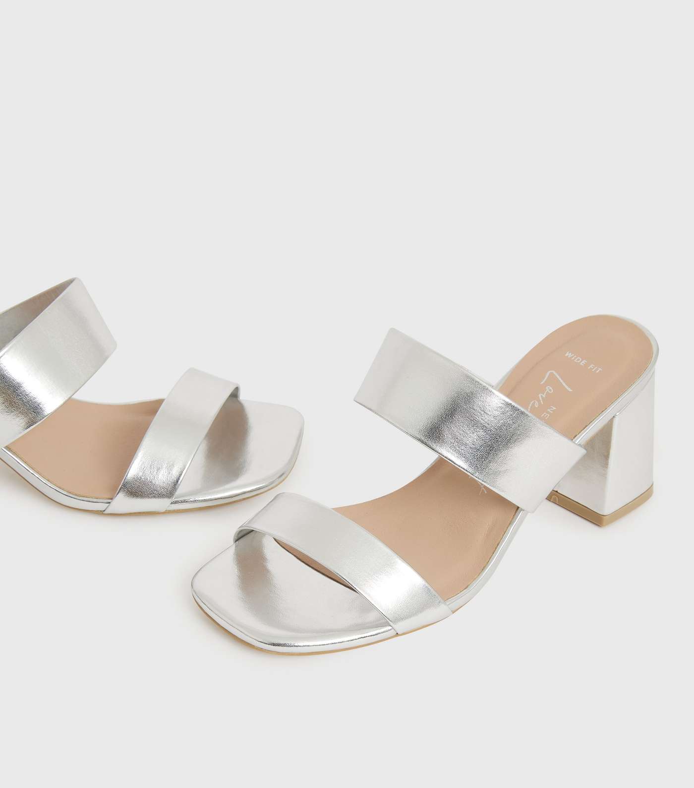 Wide Fit Silver Double Strap Block Heel Mules Image 3