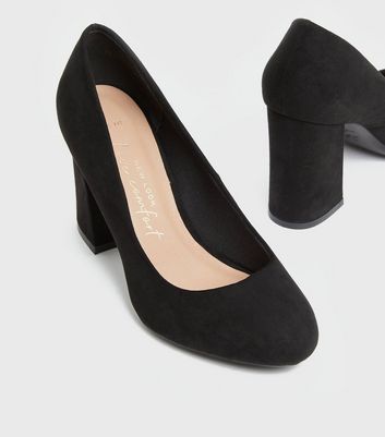 Wide Fit Black Block Heel Court Shoes 