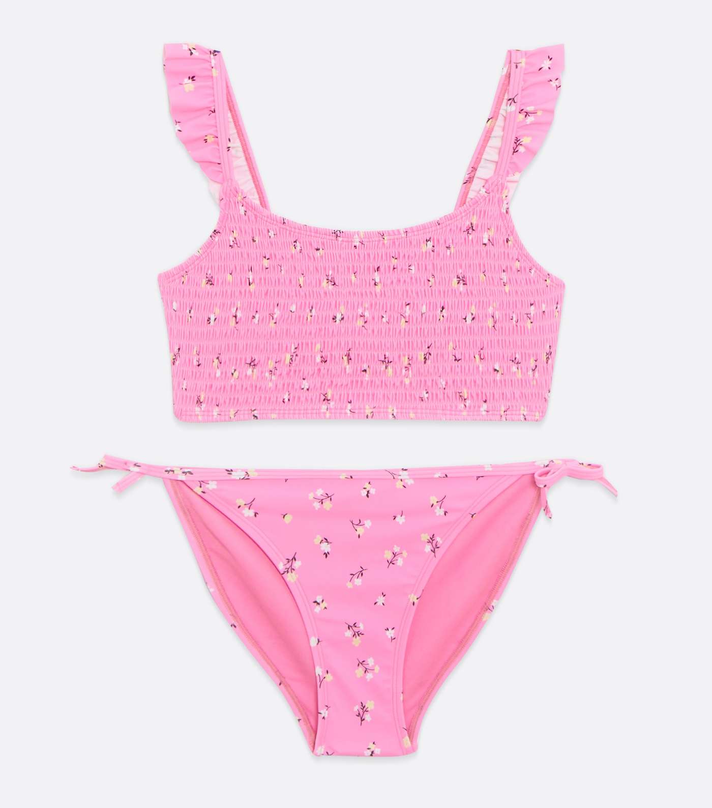 Girls Bright Pink Ditsy Floral Shirred Bikini Set
