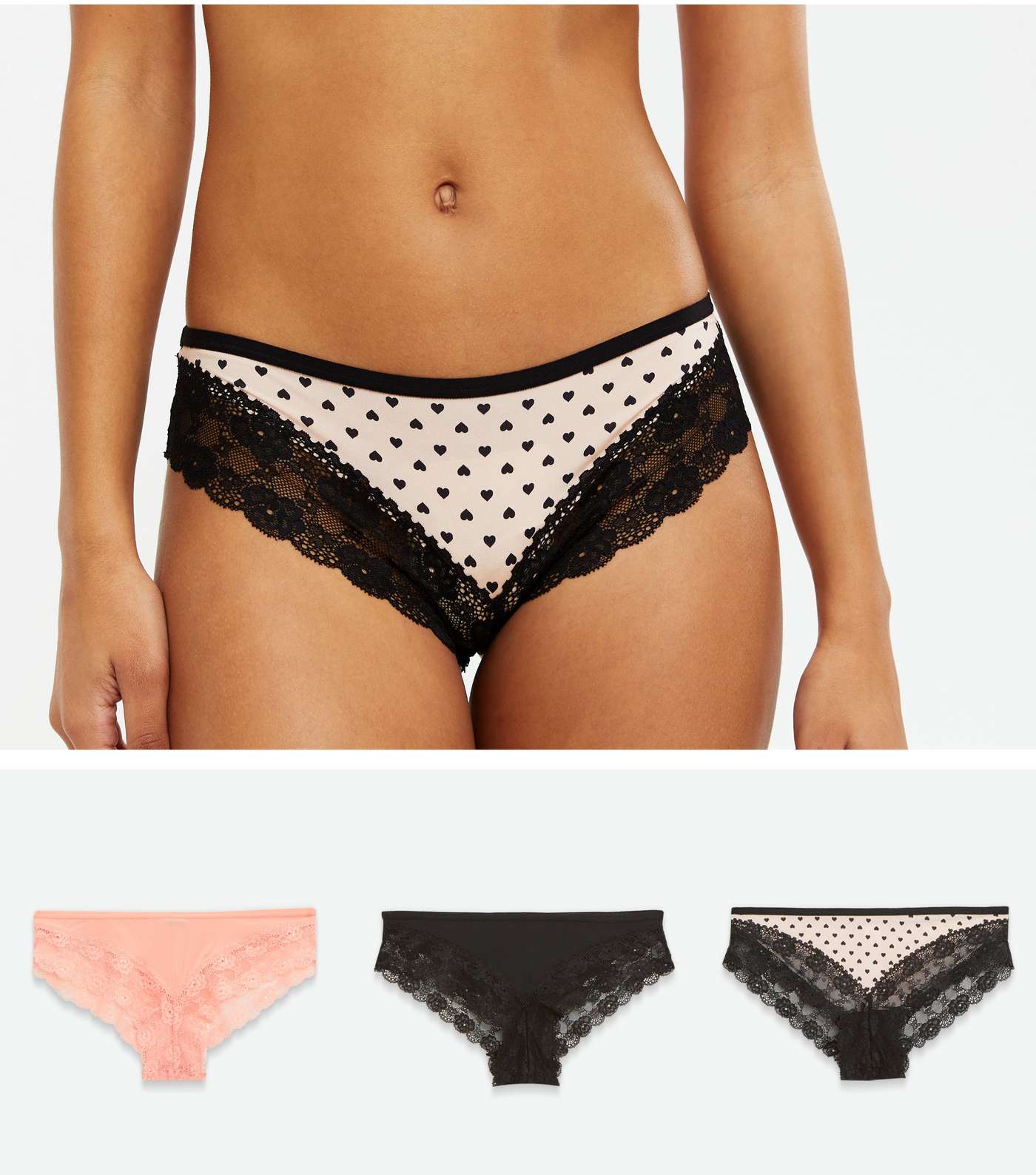 3 Pack Pink and Black Heart Lace Brazilian Briefs