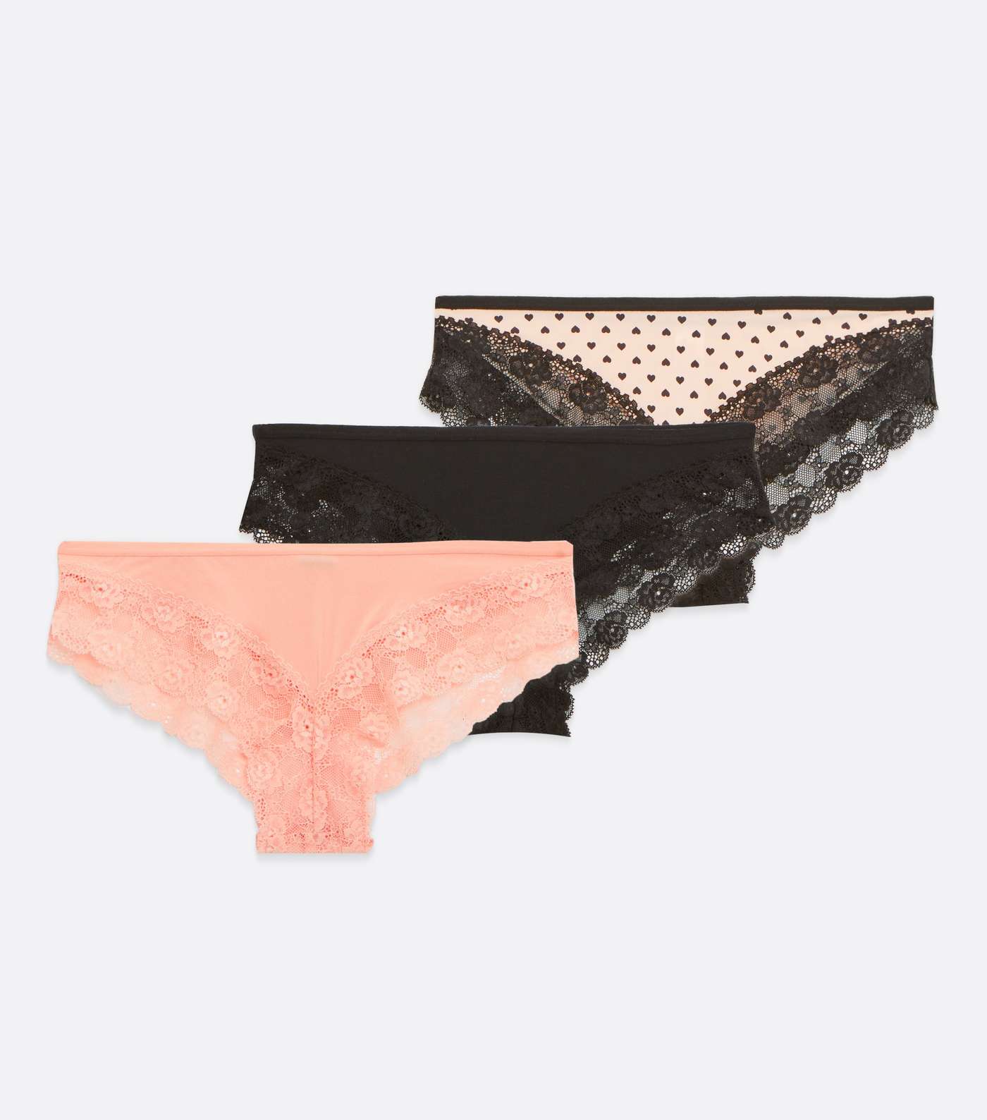 3 Pack Pink and Black Heart Lace Brazilian Briefs Image 5
