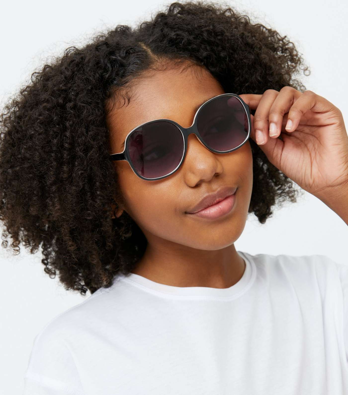 Girls Black Monochrome Large Round Sunglasses Image 2