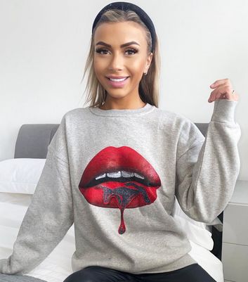 AX Paris Pale Grey Crew Neck Lips Sweatshirt New Look