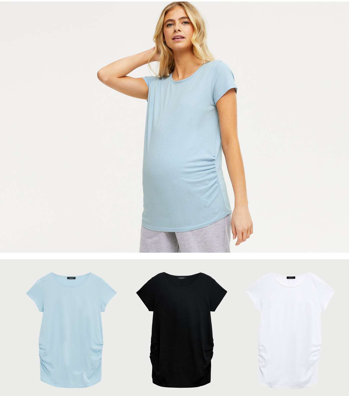 Maternity 3 Pack Pale Blue Black and White Ruched T-Shirts