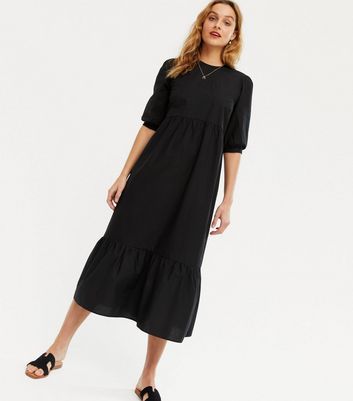 Black Poplin Puff Sleeve Midi Dress | New Look