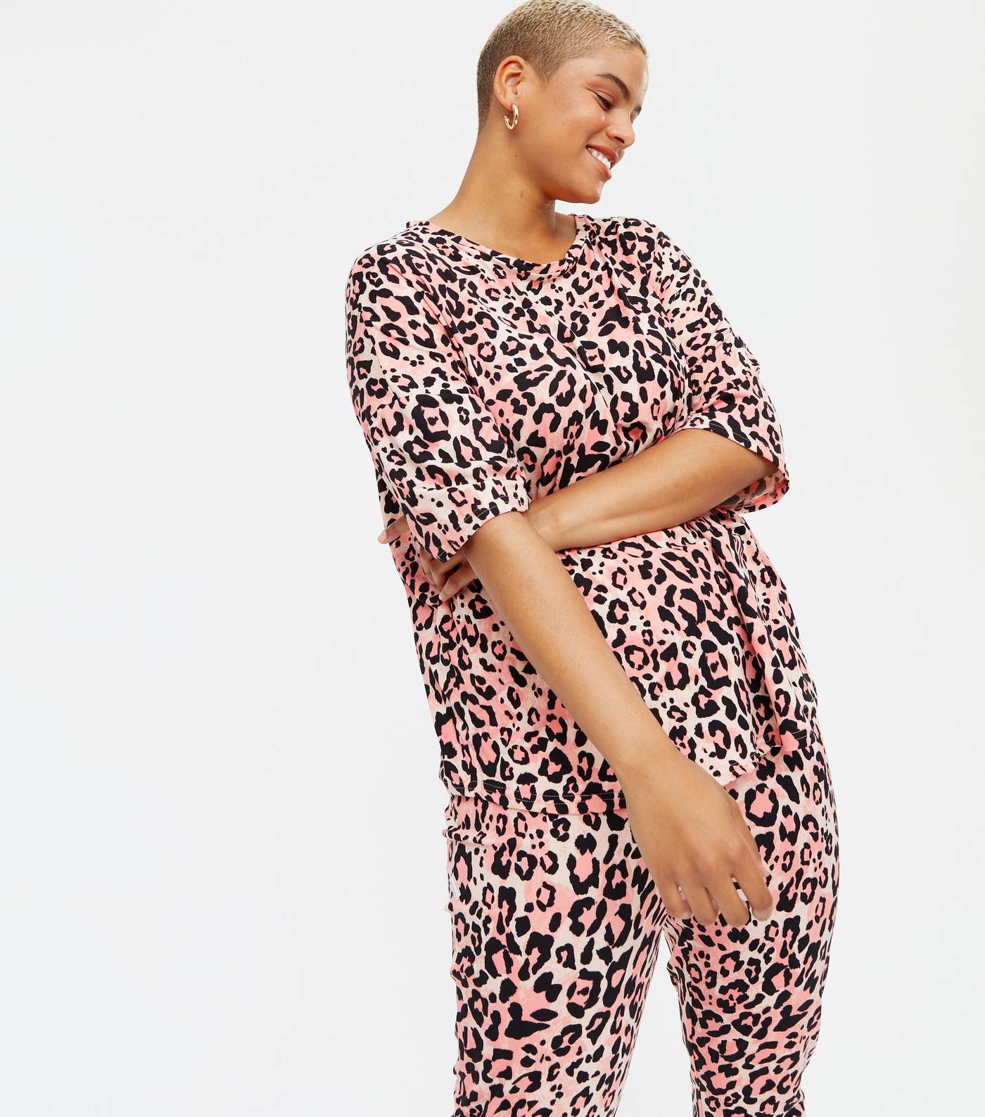 Curves Pink Leopard Print Soft Touch Pyjama Set Image 2
