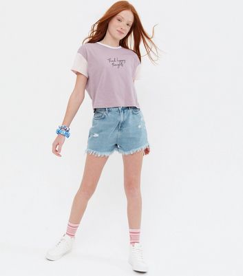 Girls Pale Blue Denim Frayed Mom Shorts 