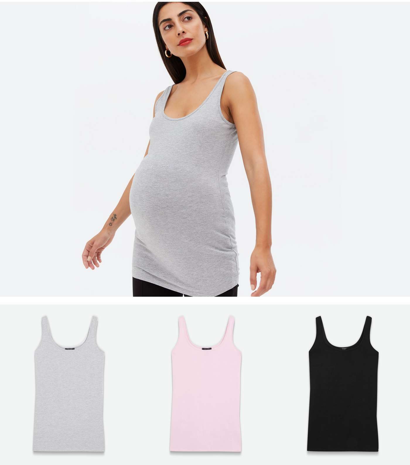 Maternity 3 Pack Light Grey Pink and Black Long Camis