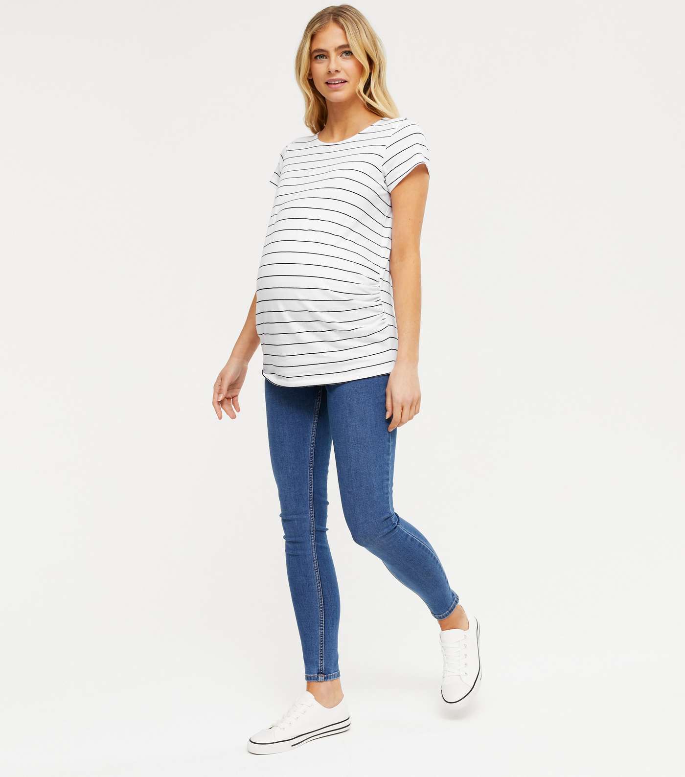 Maternity White Stripe Ruched Short Sleeve Top Image 2