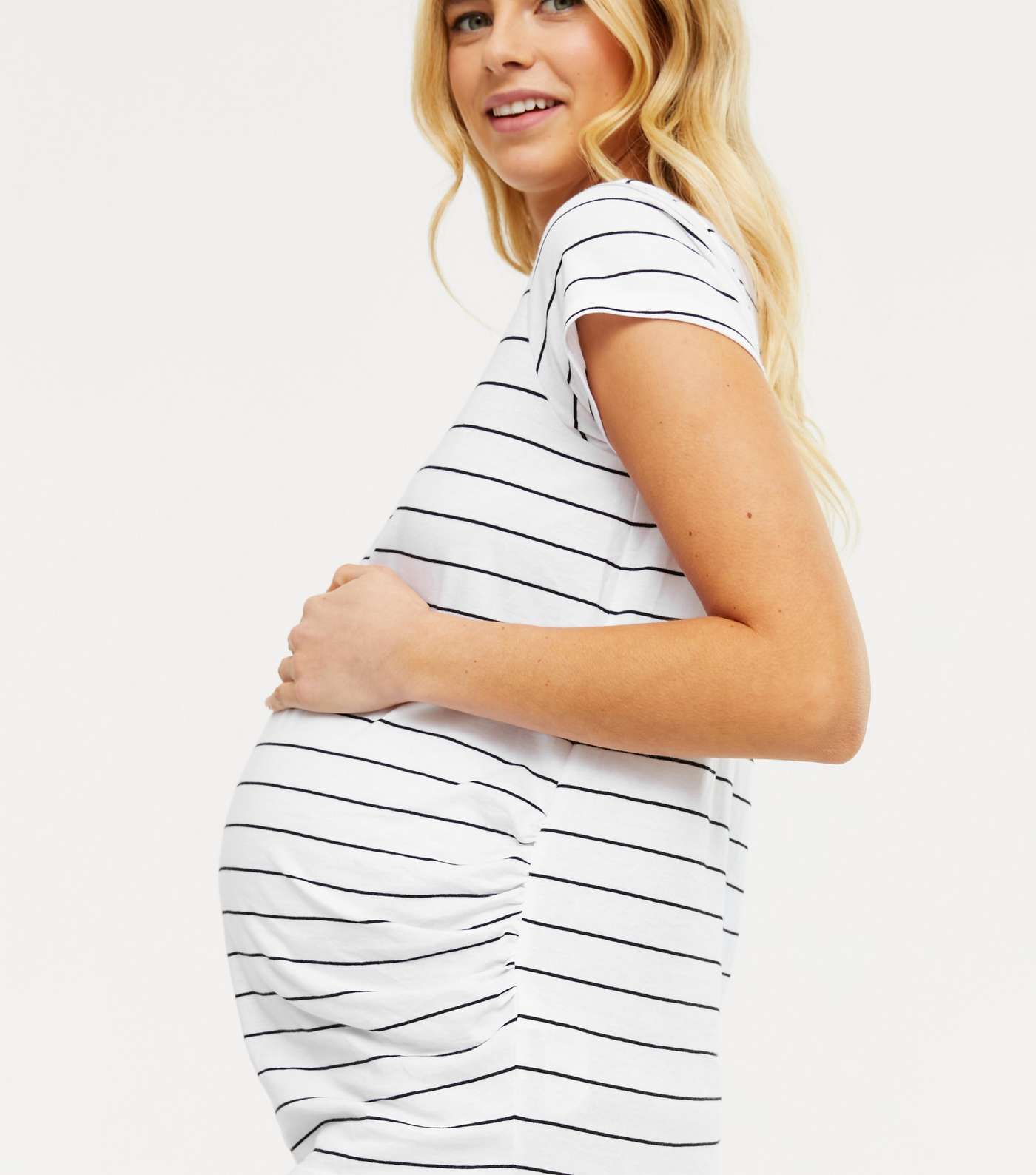 Maternity White Stripe Ruched Short Sleeve Top Image 4