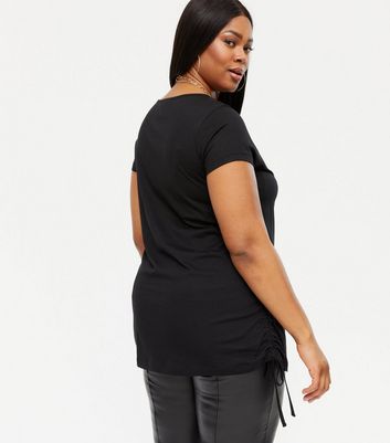 Curves Black Ruched Tie Side T-Shirt 