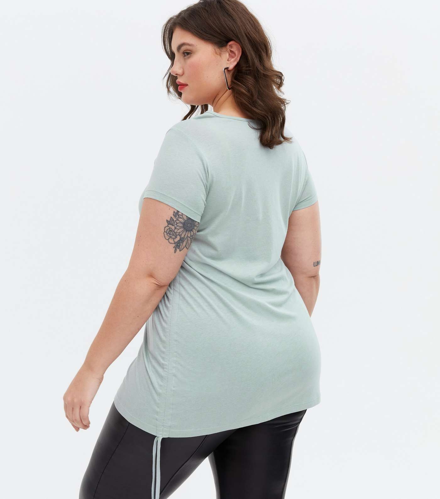 Curves Light Green Ruched Tie Side Long T-Shirt Image 4