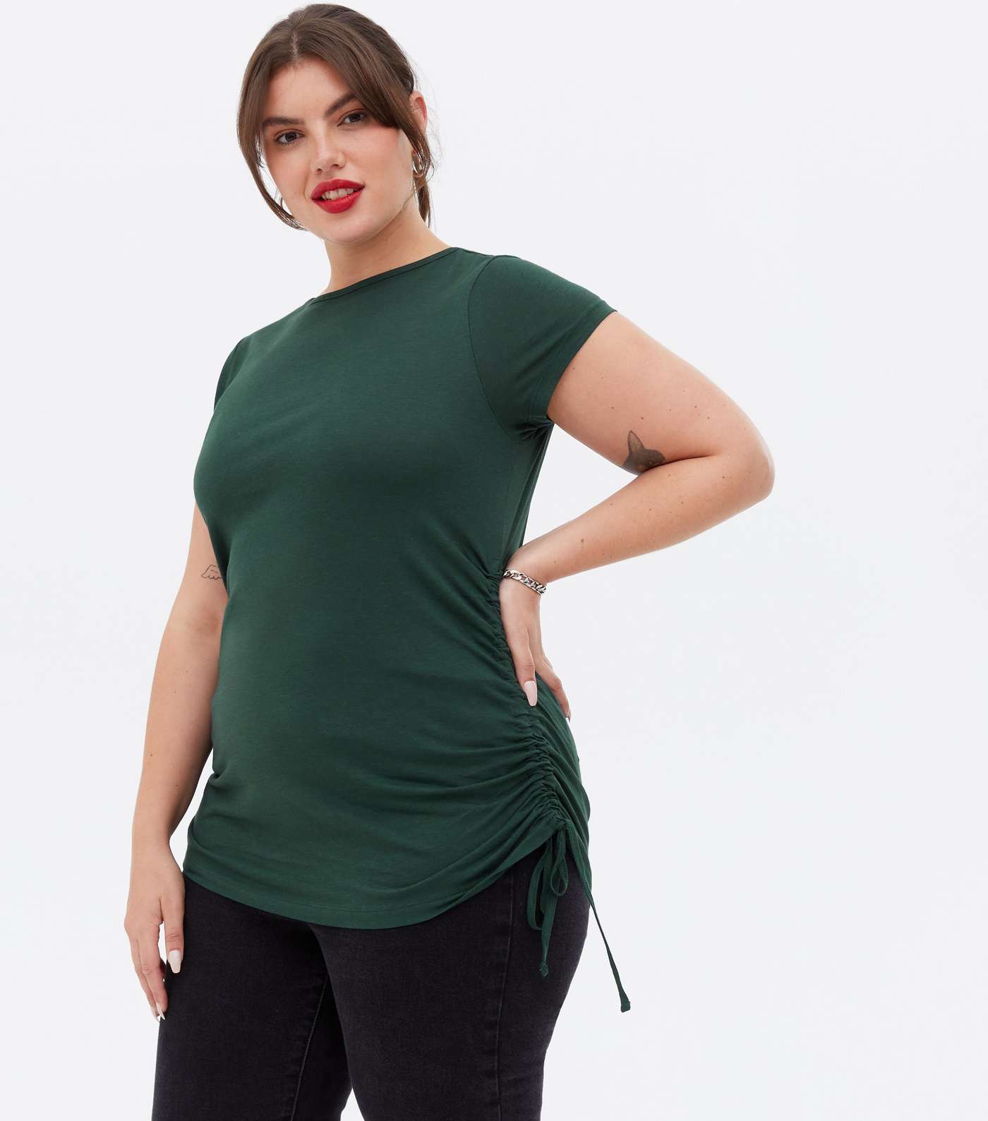 Curves Dark Green Ruched Tie Side Long T-Shirt