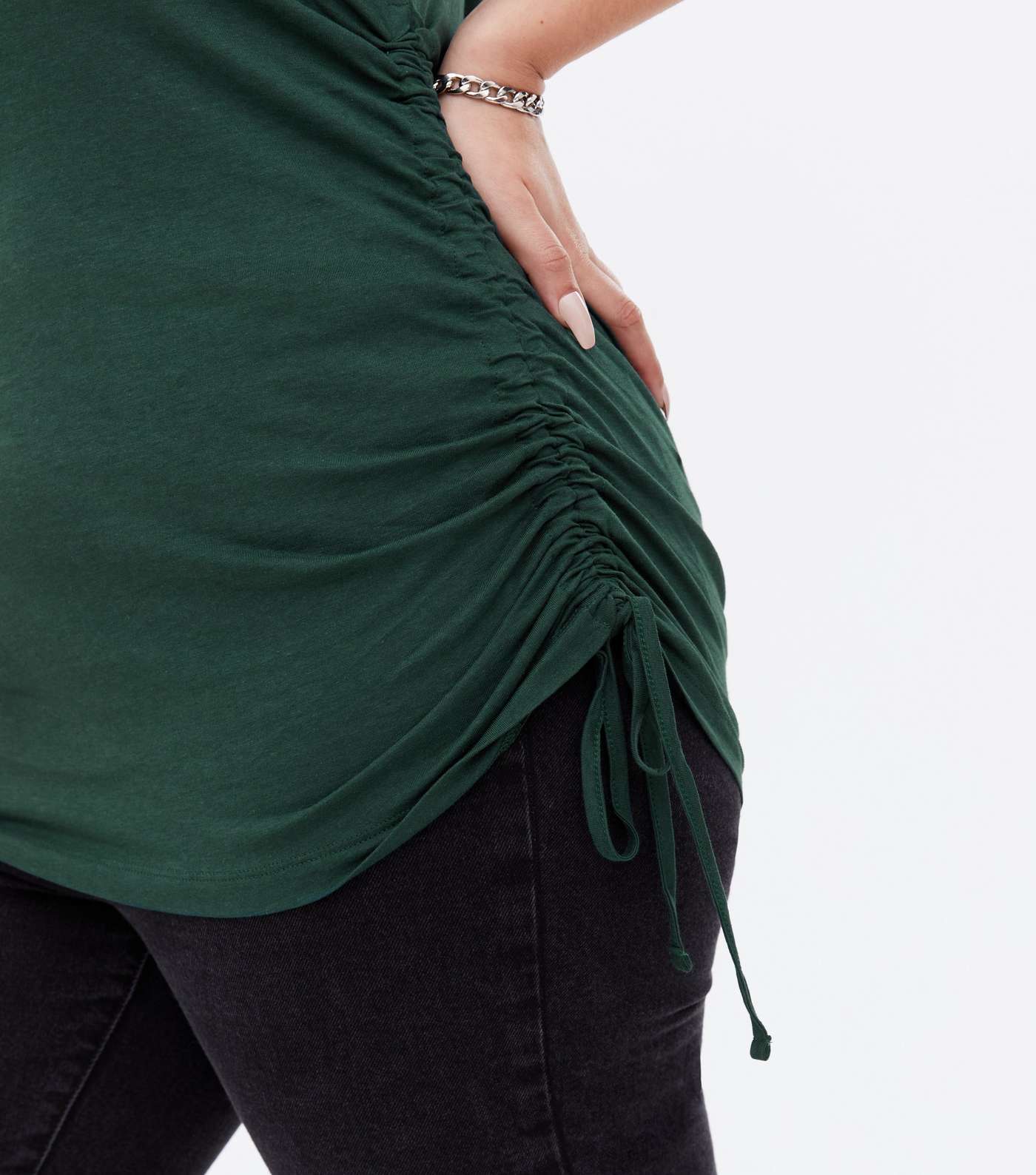 Curves Dark Green Ruched Tie Side Long T-Shirt Image 3