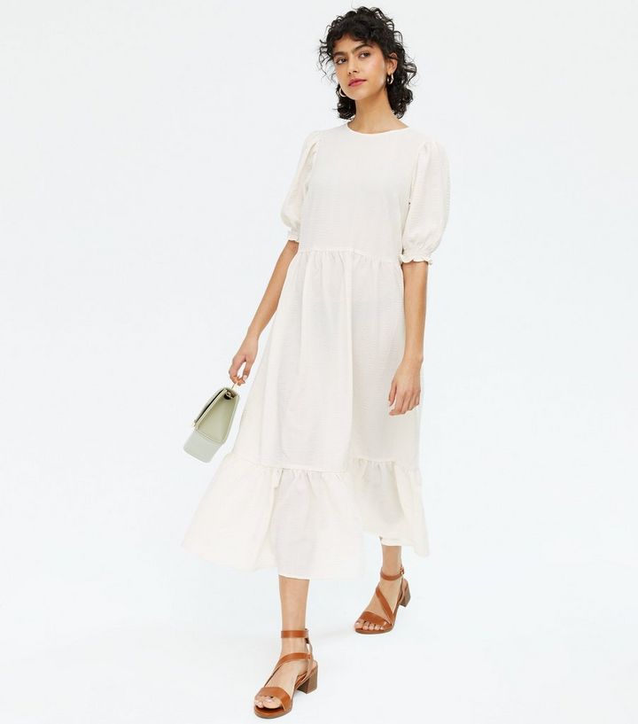 Off White Textured Tie Back Tiered Midi Dress New Look