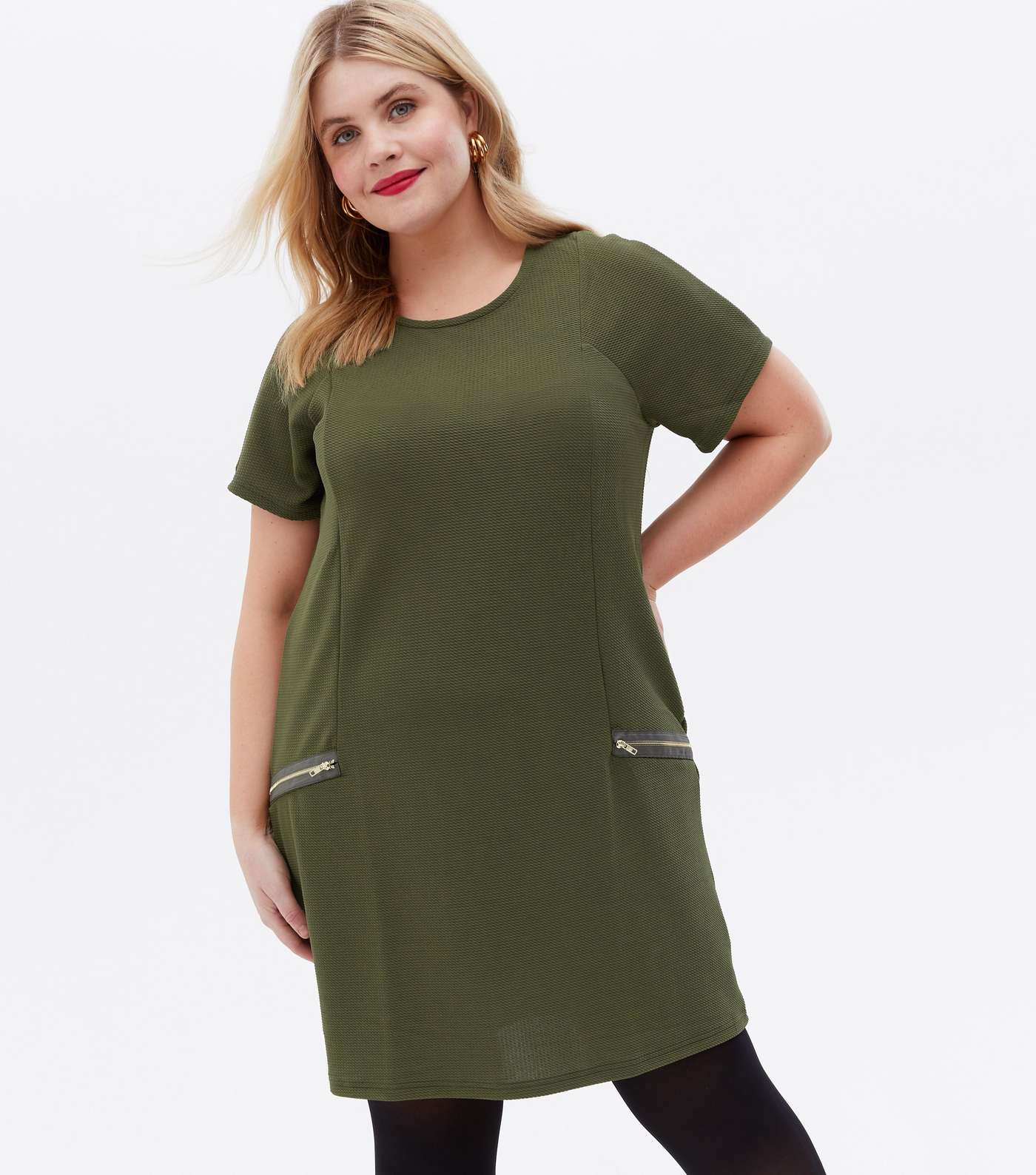 Mela Curves Olive Textured Zip Shift Dress Image 2