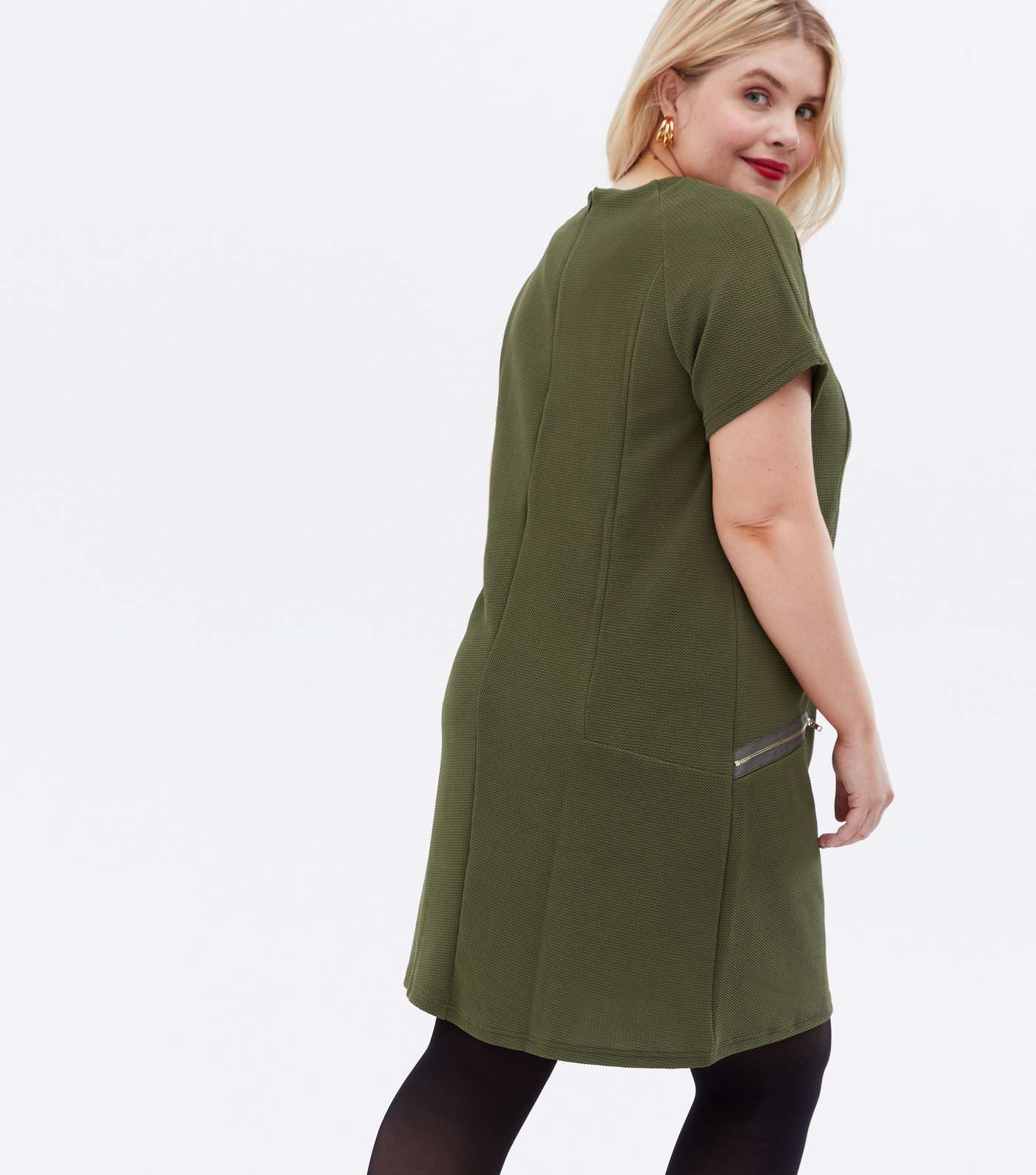 Mela Curves Olive Textured Zip Shift Dress Image 4