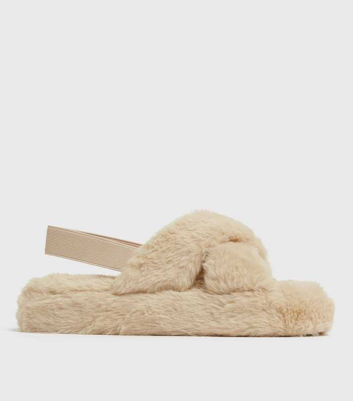 Camel Faux Fur Flatform Slingback Slider Slippers