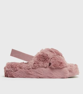 Pink Faux Fur Flatform Slingback Slider Slippers | New Look