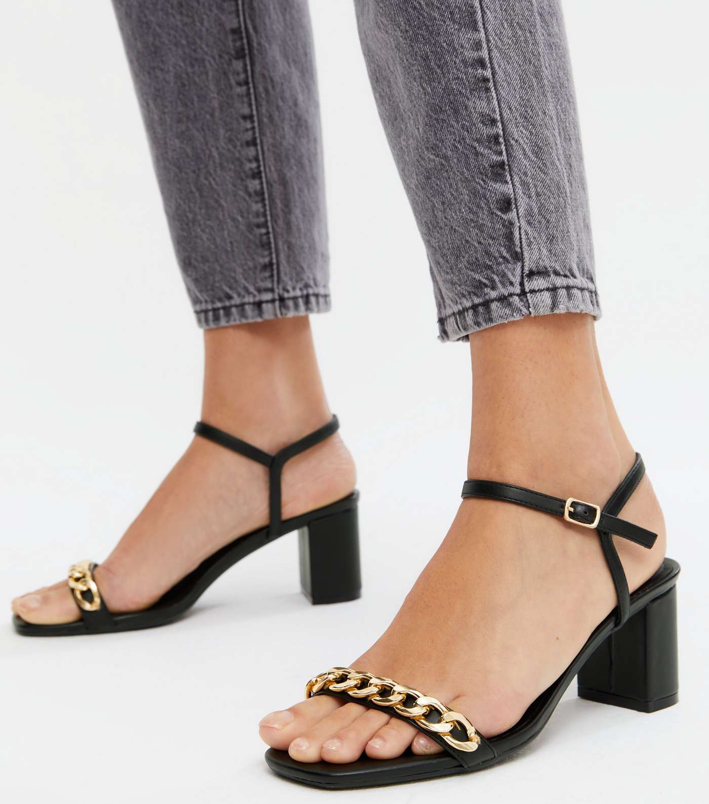 Black Leather-Look Chain Strap Block Heel Sandals Image 2