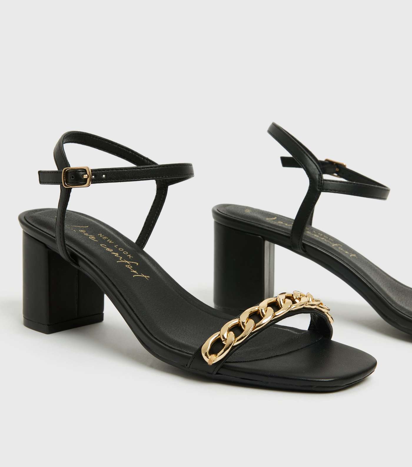Black Leather-Look Chain Strap Block Heel Sandals Image 4