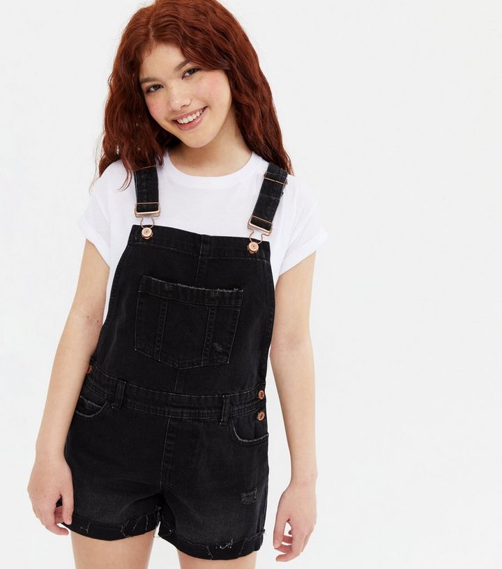Girls Black Denim Short Dungarees New Look
