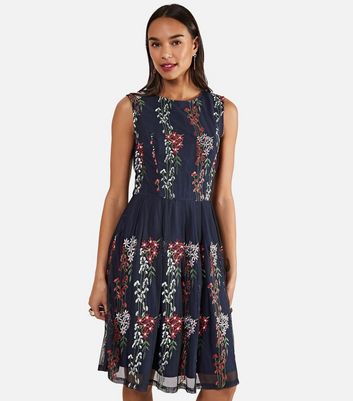 Image of Yumi Navy Floral Embroidered Sleeveless Dress New Look