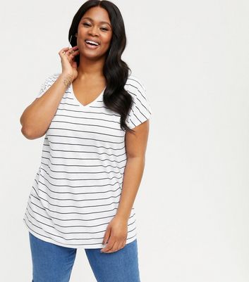 Click to view product details and reviews for Curves White Stripe V Neck T Shirt New Look.