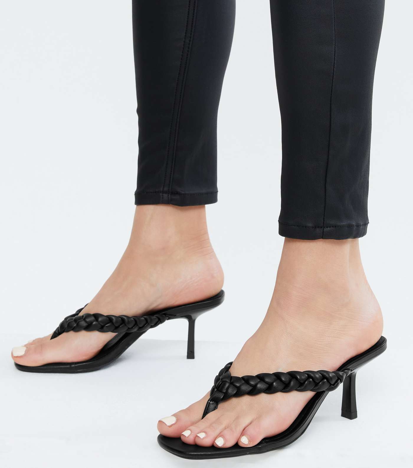 Black Leather-Look Plaited Stiletto Heel Mules  Image 2