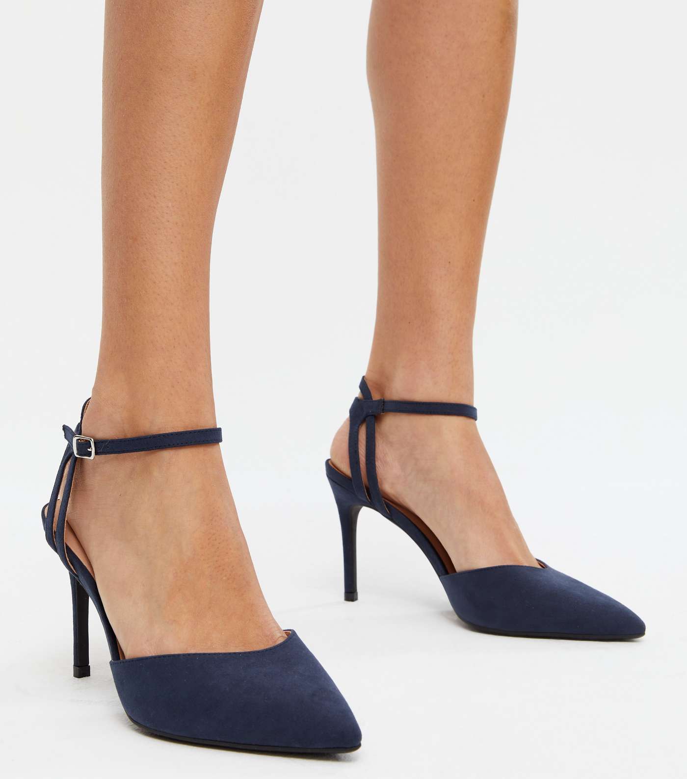 Navy Suedette Pointed Court Shoes Image 2