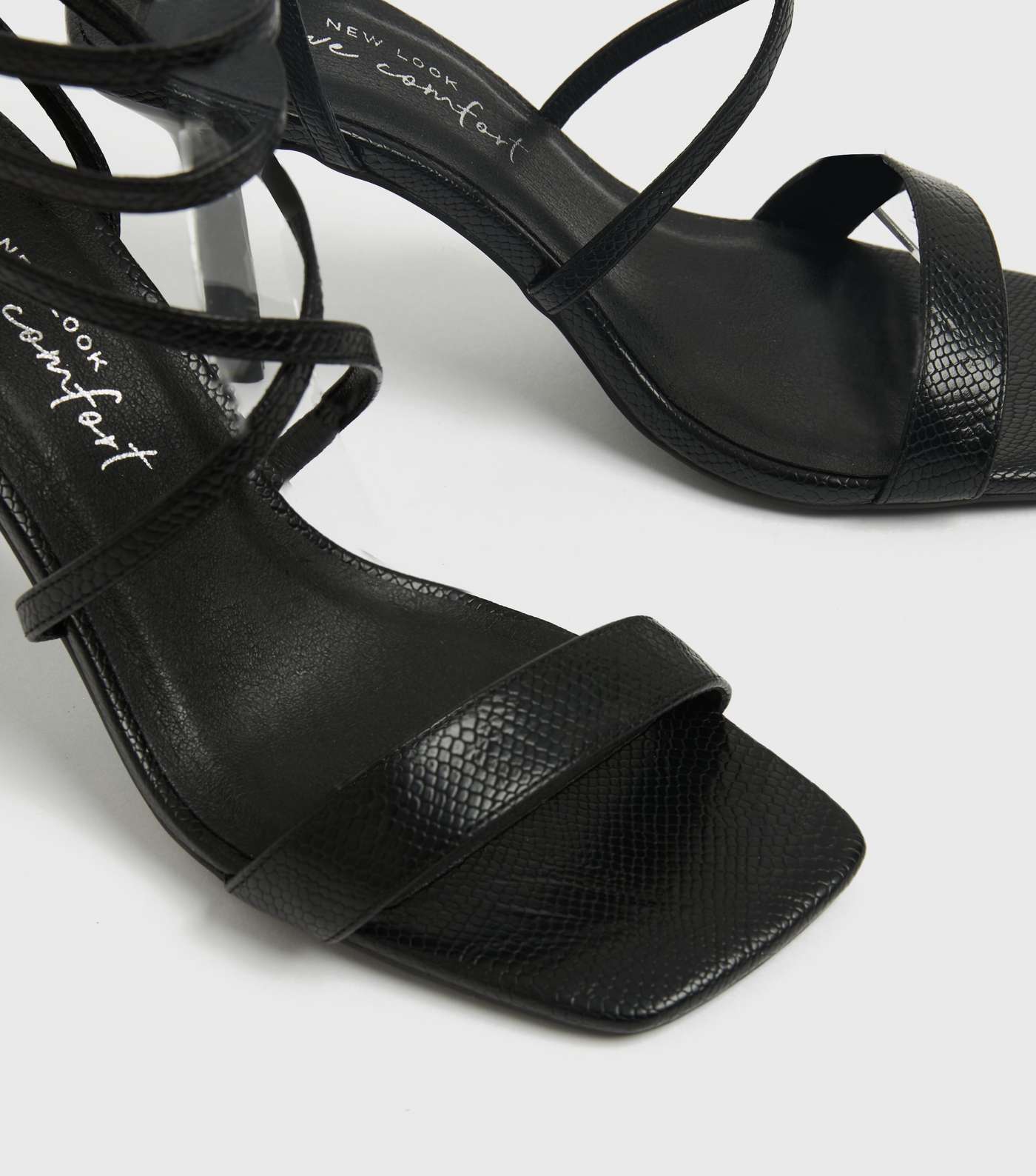 Black Faux Snake Strappy Stiletto Heel Sandals Image 4
