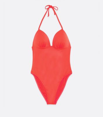 Click to view product details and reviews for Red Lift Shape Ruched Halter Swimsuit New Look.