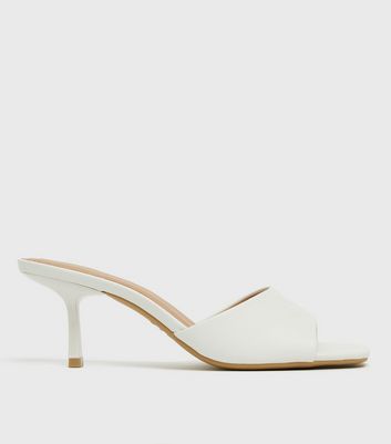 White Leather-Look Square Toe Kitten Heel Mules | New Look