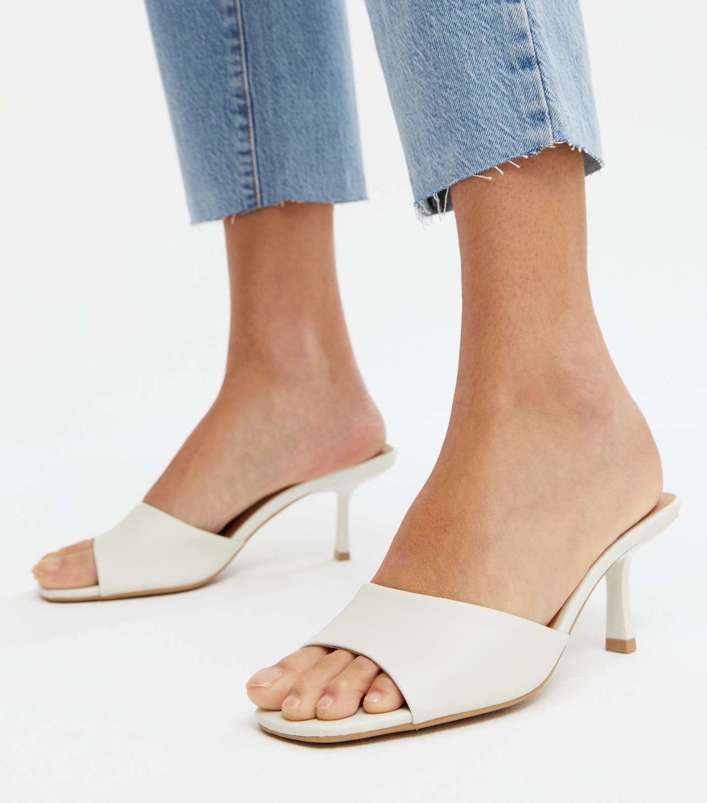 White Leather-Look Square Toe Kitten Heel Mules Image 2