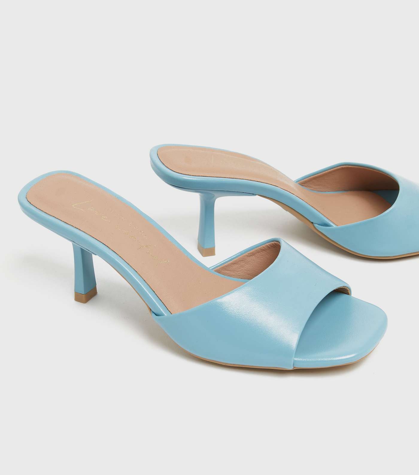 Pale Blue Leather-Look Square Toe Kitten Heel Mules Image 3