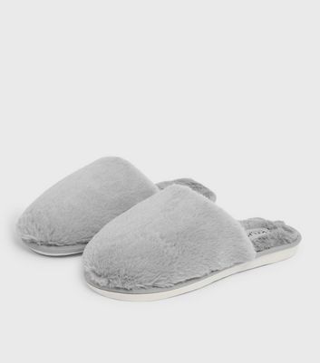 grey fluffy mule slippers