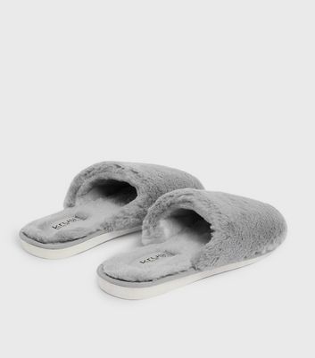 grey fluffy mule slippers