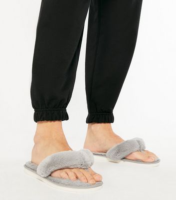 Krush Grey Fluffy Faux Fur Flip Flop Slippers | New Look