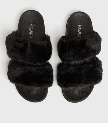 Black Faux Fur Double Strap Slider Slippers New Look shop for Black Faux Fur Double Strap Slider Slippers New Look at Shopo