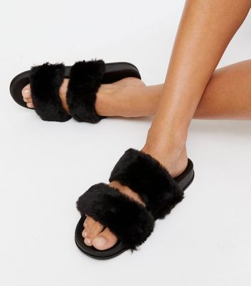 double strap fur slides