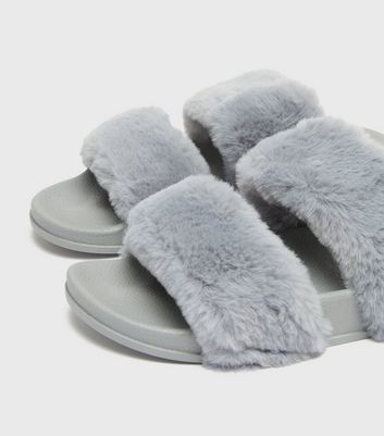 Grey Faux Fur Double Strap Slider Slippers New Look shop for Grey Faux Fur Double Strap Slider Slippers New Look at Shopo