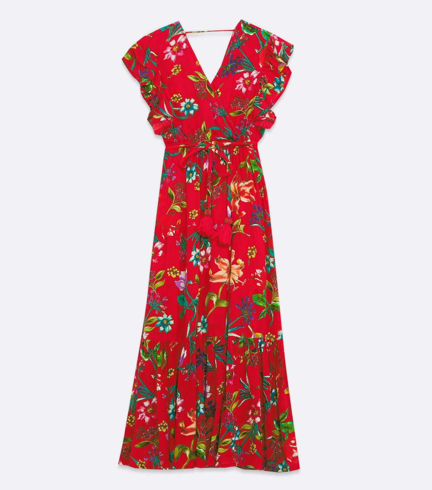 Blue Vanilla Red Floral Frill Tie Waist Maxi Dress Image 5