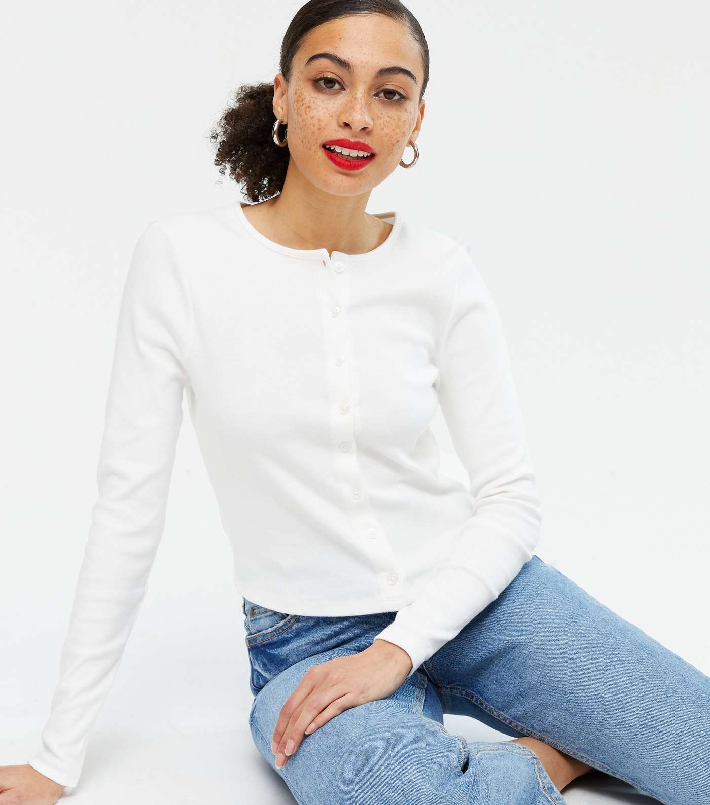 White Jersey Button Up Crew Neck Cardigan