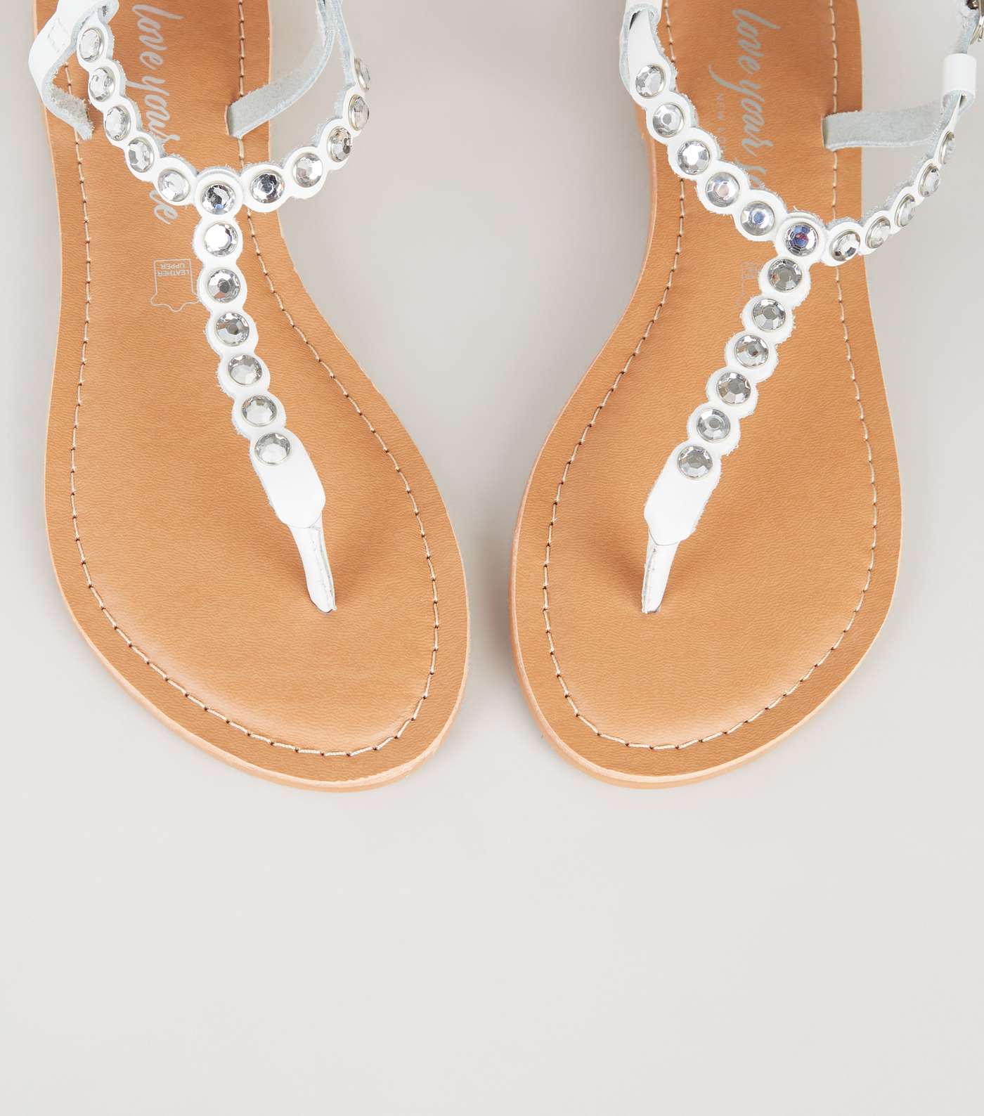 White Leather Diamanté Flat Sandals Image 4
