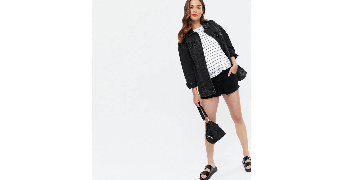 Maternity Black Denim Raw Hem Under Bump Shorts New Look
