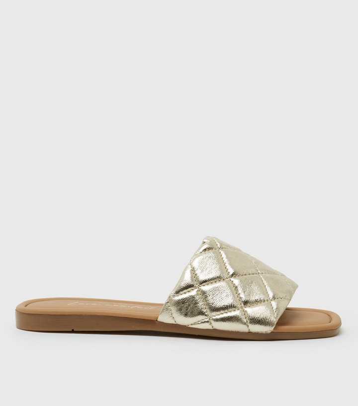 Gold Leather Quilted Strap Sliders